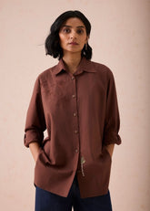 A Model Wearing Brown Poplin The Rise Organic Cotton Shirt, curated by Only Ethikal